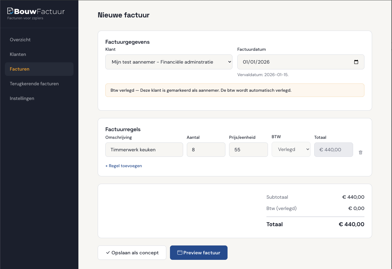 Screenshot: Factuur aanmaken