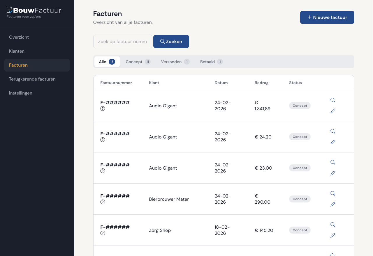 Screenshot: Factuuroverzicht